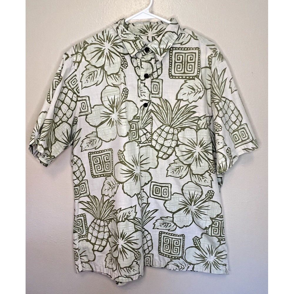 Vintage Bishop Street Green Tan Hawaiian Style Shirt‎ Pineapple Hibiscus Men's M